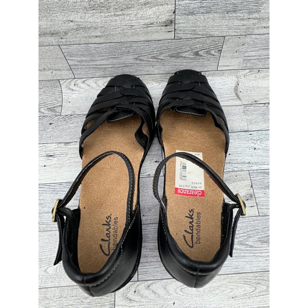 Clarks Bendables Black Leather Fisherman Wedge Sandals Women Sz 8M 60552 - Picture 6 of 11